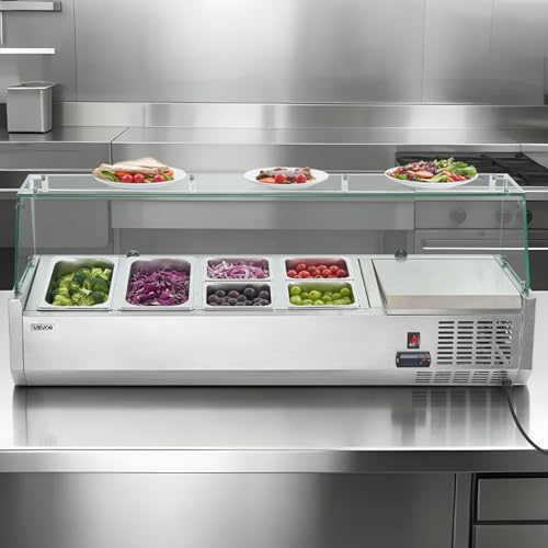 VEVOR Refrigerated Condiment Prep Station, 130W Countertop, Two 1/3 and Four 1/6 Pans, 304 Stainless Body, PC Lid, Sandwich Prep Table with Glass Guard, 3.79 Cu. Ft.