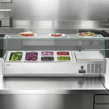 VEVOR Refrigerated Condiment Prep Station, 130W Countertop, Two 1/3 and Four 1/6 Pans, 304 Stainless Body, PC Lid, Sandwich Prep Table with Glass Guard, 3.79 Cu. Ft.
