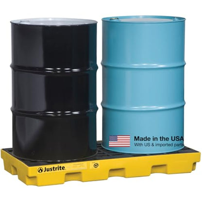 Justrite Low Profile 2 Drum Spill Containment Pallet Accumulation Center - 5.5" Tall - 24 Gal Capacity for 55 Gallon Drum Containment - Made in The USA from 30% Recycled Polyethylene - Yellow - 28654 - color: Yellow, style: 2 Drum
