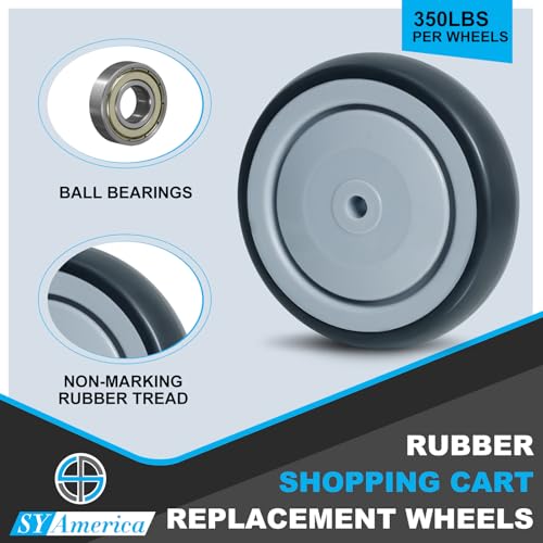 SY America 5" x 1.25" Shopping Cart Replacement Wheels Kit, Rubber Wheels for Grocery & Supermarket Carts, Smooth & Quiet Rolling, 1400 lbs Capacity (Set of 4), 3/8" Bore, Grey, 4 Pack - style: 4-Pack (3/8'' Bore)
