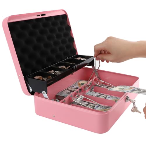 Cash Box with Key Lock, Lock Box Safe Storage Security Locker with Security Cable, Durable Metal Cash Box with Money Tray, 11.8" x 9.5" x 3.5", K-Soft Pink - color: K-Soft Pink
