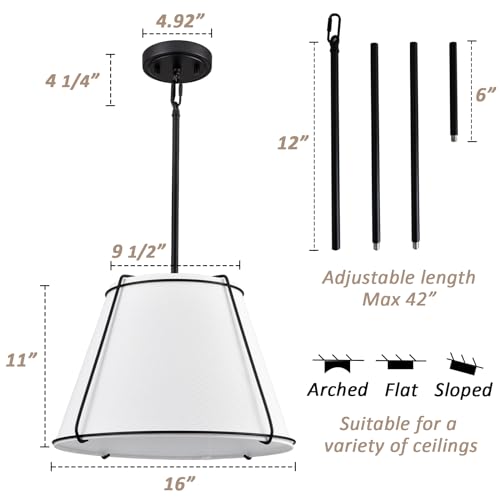 Modern 3-Light 16" Black Pendant Light White Linen Drum Adjustable - color: Black