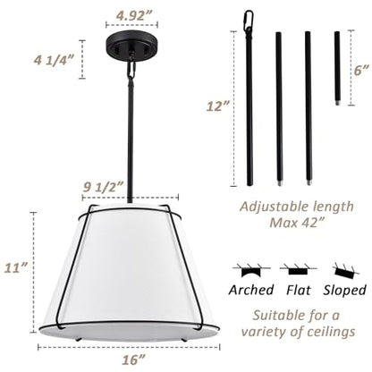 Modern 3-Light 16" Black Pendant Light White Linen Drum Adjustable - color: Black