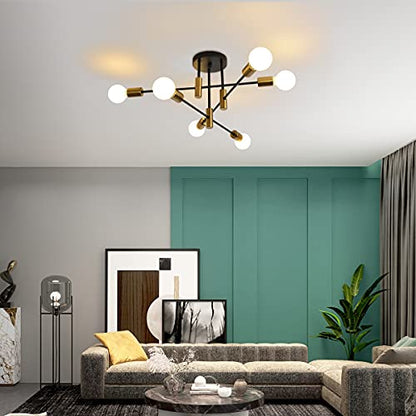 Garwarm Ceiling Light Fixture, 6-Lights Black and Gold Mid Century Semi Flush Mount Ceiling Light,Modern Sputnik Chandelier for Kitchen Dining Room Bedroom Entryway Hallway - color: 6-Lights,Black and Gold