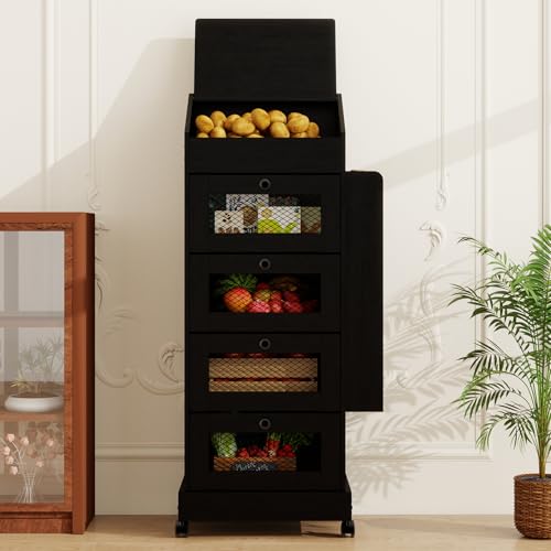 ARTETHYS Potato Storage Bin 5-Tier Rolling Black Bread Box with Side Rack - color: Black