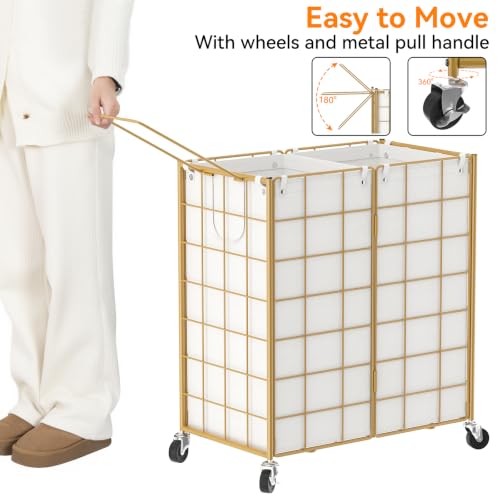 WOWLIVE Double Laundry Hamper with Wheels, Metal Rolling Laundry Basket - color: Golden, size: 120l