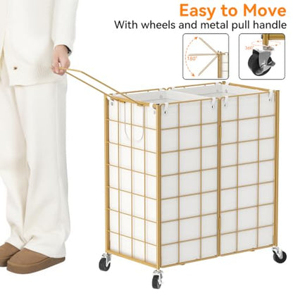 WOWLIVE Double Laundry Hamper with Wheels, Metal Rolling Laundry Basket - color: Golden, size: 120l
