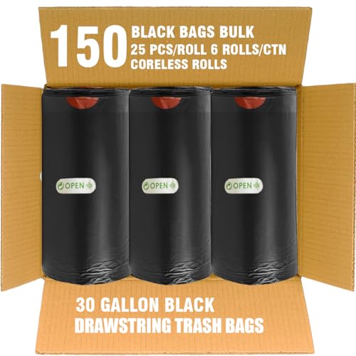 BEIDOU-PAC 30 Gallon Trash Bags Drawstring, 150 Count Bulk, Black | Unscented | Heavy Duty Multi-purpose Garbage Bags Can Liners for Business Home Kitchen Commercial and Industrial - style: 30 Gallon |150 Count(Value Pack)