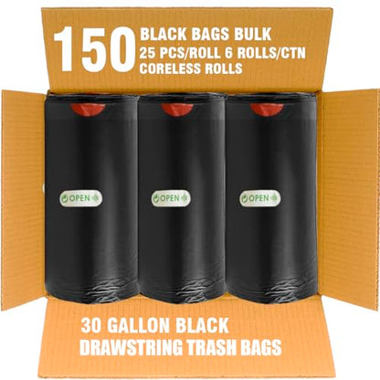 BEIDOU-PAC 30 Gallon Trash Bags Drawstring, 150 Count Bulk, Black | Unscented | Heavy Duty Multi-purpose Garbage Bags Can Liners for Business Home Kitchen Commercial and Industrial - style: 30 Gallon |150 Count(Value Pack)