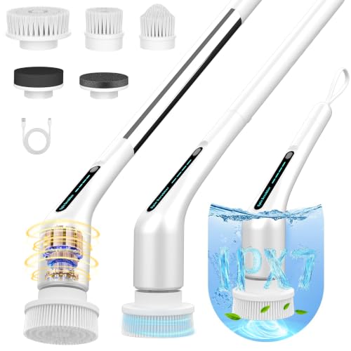 Electric Spin Scrubber, Shower Cleaner with Adjustable Extension Handle - color: White