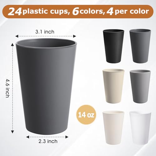 24 Pcs Unbreakable Plastic Cups Set, 14 oz Reusable Plastic Cups, Stackable Water Tumblers, Drinking Cup for Kitchen, Outdoor, BPA-free, Dishwasher Refrigerator and Microwave Safe (14 oz, 6 Colors) - color: 6-Gray Multicolor, size: 14 oz