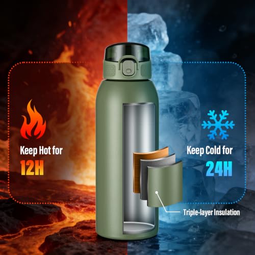 Insulated Water Bottle 24 oz with Dustproof Lid, Carry Handle & Tea Infuser, BPA-Free & Leakproof, Stainless Steel Water Bottles Ideal for Fitness, Hiking, Office & Outdoor Use（Olive Green） - color: Olive Green, size: 24 Ounces