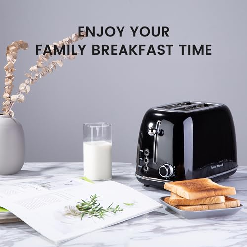 Roter Mond 2 Slice Toaster Retro Stainless Steel with Bagel, Cancel, and Defrost Functions, 6 Bread Shade Settings, Extra Wide Slots and Removable Crumb Tray, Black - color: Black