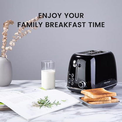 Roter Mond 2 Slice Toaster Retro Stainless Steel with Bagel, Cancel, and Defrost Functions, 6 Bread Shade Settings, Extra Wide Slots and Removable Crumb Tray, Black - color: Black