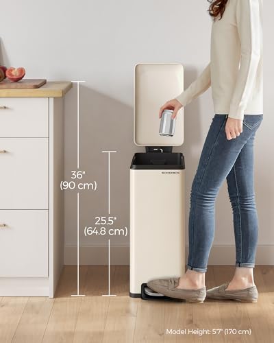 SONGMICS Kitchen Trash Can with Lid, 13-Gallon (50 L) Slim, Stainless Steel - color: Sand Beige, style: 13 Gal.