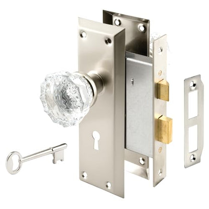 Prime-Line E 28335 Mortise Keyed Lock Set with Glass Knob, Single Pack - color: Satin Nickel