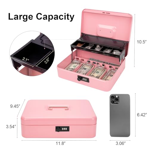 Jssmst Metal Cash Box with Money Tray and Lock, Portable Cash Drawer, 11.8" - color: Pink Code-C