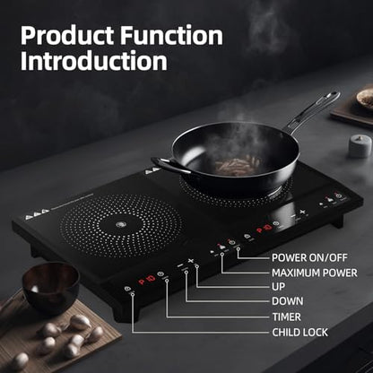 Double Induction Cooktop,Portable Induction Cooker with 2 Burner Independent Control,Ultrathin Body,10 Temperature,1800W-Multiple Power Levels,3 Hour Timer,Safety Lock