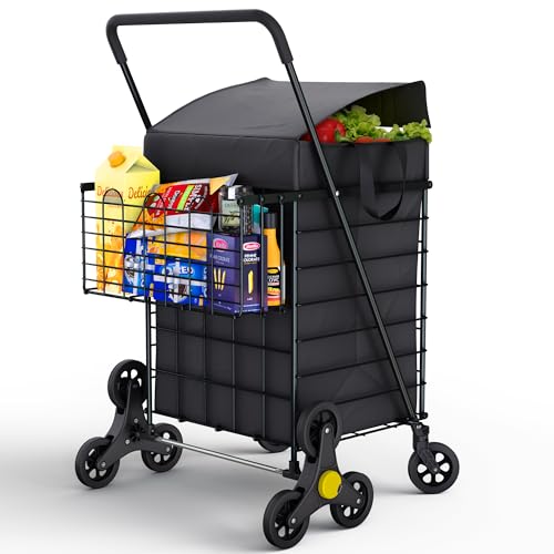 Our Modern Space Stairs Climbing Shopping Cart w/Waterproof Basket Liner & 360° Swivel Wheels | Foldable Collapsible & Lightweight | Perfect for Groceries Laundry Utility Cart - Black - color: Black