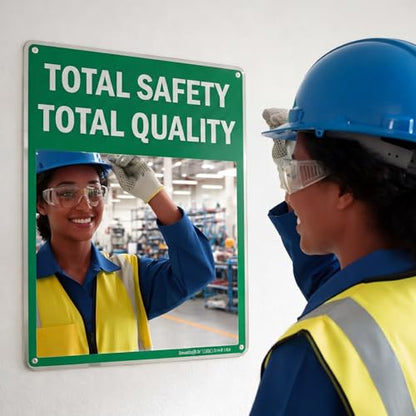 Safety Mirror Sign for Workplace " Total Safety Total Quality" Industrial Workplace Message Sign with Acrylic Mirror, Wall Mounted 16" x 19"