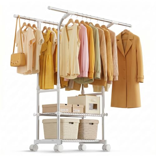 RORA Clothes Rack, Double Rod Rolling Clothing Racks for Hanging Clothes