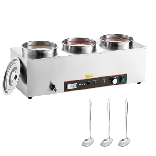 VEVOR Electric Soup Warmer, Three 6.34QT Stainless Steel Round Pot with 86~185°F Adjustable Temp, 1500W Commercial Bain Marie with Anti-Dry Burn and Reset Button, Soup Station for Restaurant, Buffet - size: 3×6L Pots