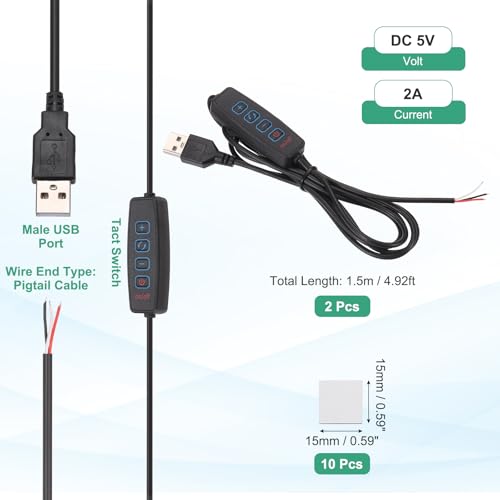 PATIKIL 4.92ft LED Strip Dimmer Switch, 2set DC 5V Button USB Inline Switch Pigtail Cable Brightness Adjustable Controller with Tape for LED Rope Light, Black - color: Black