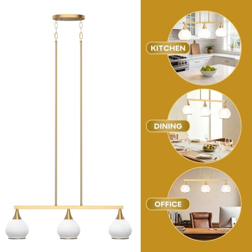 Phaosio Brushed Gold Kitchen Island Linear Pendant Light, 3-Light - color: Gold (White Glass Shades), size: 3-Light