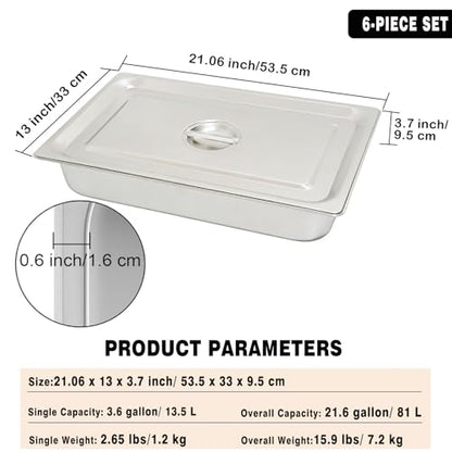 6 Pack Stainless Steel Hotel Pans,Full Size 4 Inch Deep 0.8mm Thick Anti Jam Commercial Food Pans with lid,for Steam Tables, Restaurants, Catering & Industrial Use