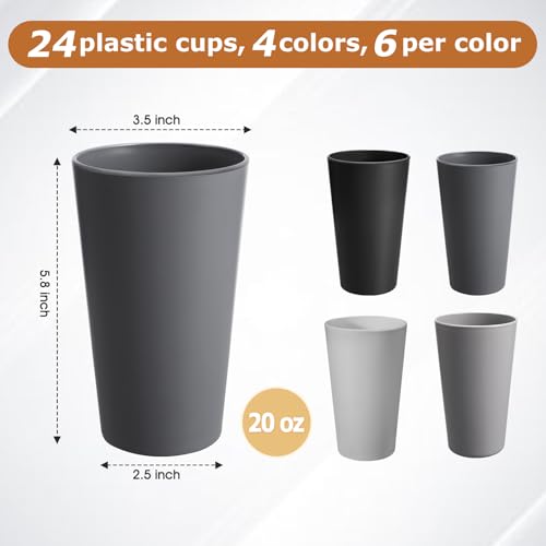 24 Pcs Unbreakable Plastic Cups Set, 20 oz Reusable Plastic Cups, Stackable Water Tumblers, Drinking Cup for Kitchen, Outdoor, BPA-free, Dishwasher Refrigerator and Microwave Safe (20 oz, 4 Colors) - color: 4-Gray Multicolor, size: 20 oz