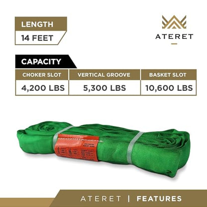 ATERET Powerlift Green Polyester Endless Round Sling - 14 Feet Length, 5,300 lb. Vertical Capacity, 10,600 lbs Basket - Heavy Duty Poly Lifting Sling - color: 02 Green - Vertical Capacity 5,300 lbs, size: 14FT