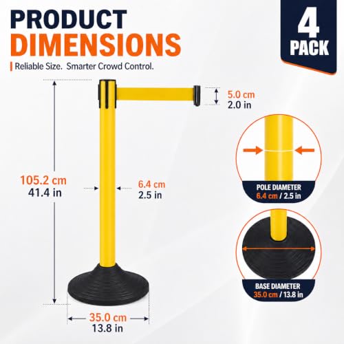 4 Pack Crowd Control Stanchions with Retractable Belts, 41 in Yellow Queue Barrier Posts with Heavy Duty 13.8 in Bases, 4-Way Retractable Belt Barriers