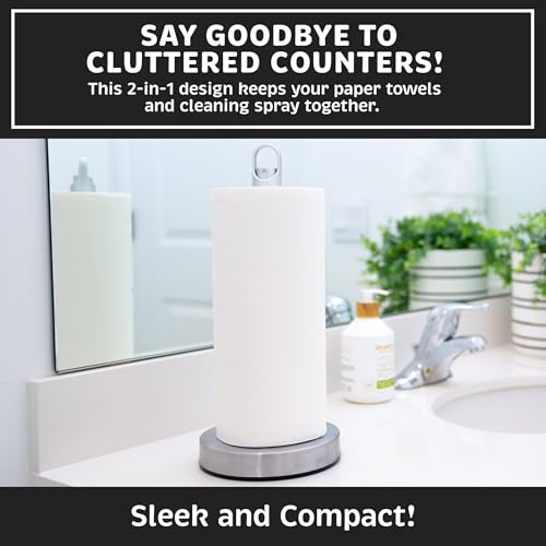 Stainless Steel Paper Towel Holder with Spray Pump – One-Handed Tear, SMART Traction System, 5 oz Sprayer Bottle, Heavy Duty Suction Cups, Weighted Base, Kitchen Towel Dispenser for Countertop Use - color: Silver