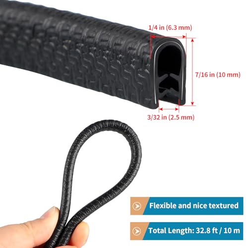 Rubber Edge Trim Guard 32.8ft/10m, Adhesive Free Door Edge Protector, U Shape Edge Seal Strip with Embedded Metal Clips Fits 3/64" to 1/8" Thick Edges (Black) - size: 393.6" L x 0.25" W