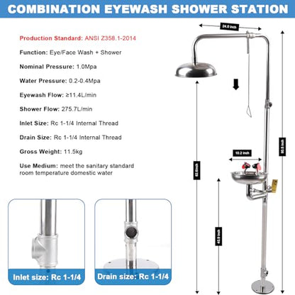 Emergency Eyewash-Shower Station OSHA-Approved - Safety Eye Wash Shower Combination First Aid Eyewash Station Kit