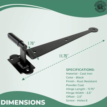 Renovators Supply Manufacturing Black Cast Iron Pintle Strap Hinges 11-3/4 Inch Offset Lift Off Shutter Gate Door Hardware RSF Rustic Colonial Reversible Hinges with Screws - size: Pack of 1