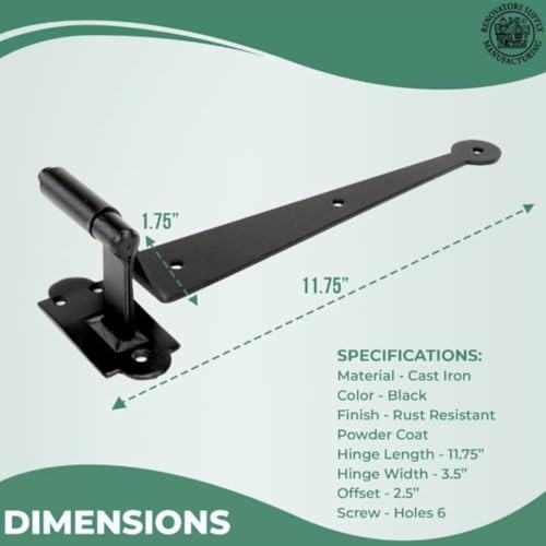 Renovators Supply Manufacturing Pack of 2 Black Cast Iron Pintle Strap Hinges 11-3/4 Inch Offset Lift Off Shutter Gate Door Hardware RSF Rustic Colonial Reversible Hinges with Screws - size: Pack of 2