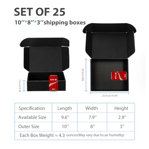 10x8x3 Black Shipping Boxes for Small Business, Packing, 25 Pack - color: Black, size: 10x8x3inch