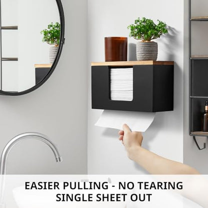 Paper Towel Dispenser Wall Mount, Wooden Bathroom Paper Towel Holder with Lid for Home and Commercial, C-Fold, Z-Fold, Trifold Paper Hand Towel Dispenser for Bathroom Kitchen Restroom, Black