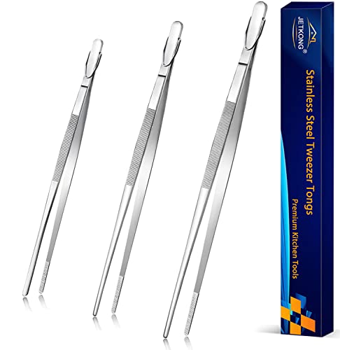 JETKONG 9 12 14 Inch Extra Long Kitchen Tweezers Heavy Duty Stainless Steel Cooking Tweezers, Set of 3 (Point Tips, Silver) - color: Silver, size: Point Tip-9 12 14