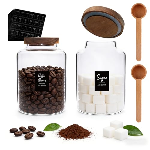 66oz Large Glass Storage Jar with Wooden Lids Spoons Labels Glass Coffee Ground Canister Borosilicate Glass Sugar Flour Container for Cookies Spice Rice Tea(2000ml/67oz-2 pack-with scoop) - color: 2000ml/67oz-2 pack-with scoop