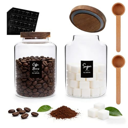 66oz Large Glass Storage Jar with Wooden Lids Spoons Labels Glass Coffee Ground Canister Borosilicate Glass Sugar Flour Container for Cookies Spice Rice Tea(2000ml/67oz-2 pack-with scoop) - color: 2000ml/67oz-2 pack-with scoop