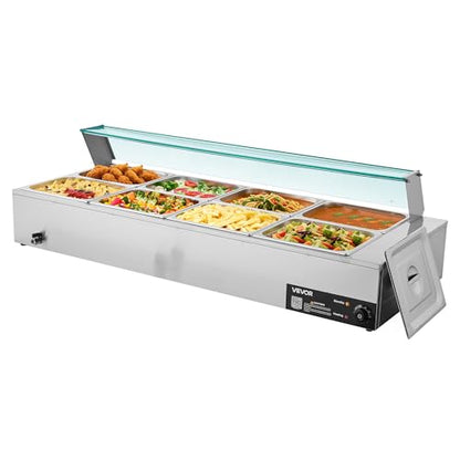 VEVOR Commercial Food Warmer, 1700W Electric Stainless Steel Steam Food Warmer with Glass Cover, 8-Pan Countertop Buffet Bain Marie with Soup & Perforated Ladles, for Catering, Restaurant & Party - size: 8x1/2Pan ;96QT