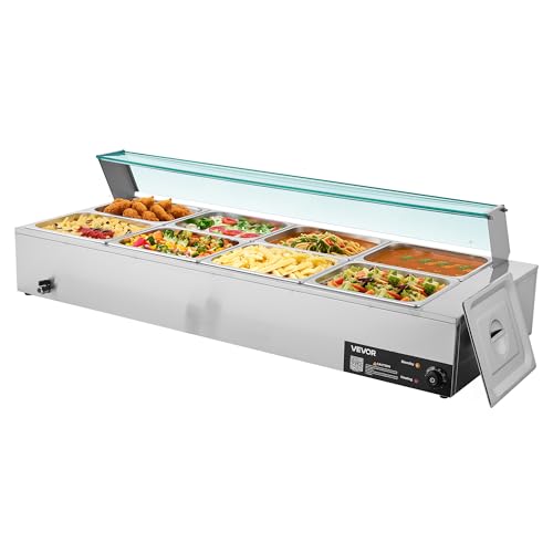 VEVOR Commercial Food Warmer, 1700W Electric Stainless Steel Steam Food Warmer with Glass Cover, 8-Pan Countertop Buffet Bain Marie with Soup & Perforated Ladles, for Catering, Restaurant & Party - size: 8x1/2Pan ;96QT
