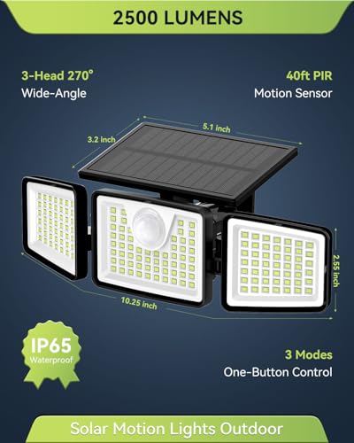 daphino 2500LM Solar Lights, Motion Sensor Outdoor Lights, 3-Head, 2 Pack - size: 3Head-Non-Remote-2 Pcs