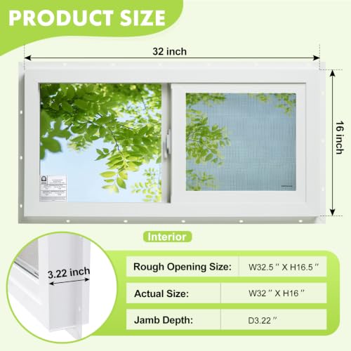 3.22" Thickness 32" x 16" Vinyl Sliding Basement Window,Low-E Glass with Argon Gas,Double-Pane Insulated Tempered Clear Glass,Half Screen Included,White - size: 32"x16"