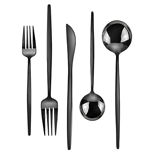 Black Silverware Set, KassKa 40 Pieces Flatware Cutlery Set, Stainless Steel Utensils Set Spoon Fork Knives Set for Home Restaurant and Kitchen, Mirror Polished Finished, Service for 8 - color: Mirror Black