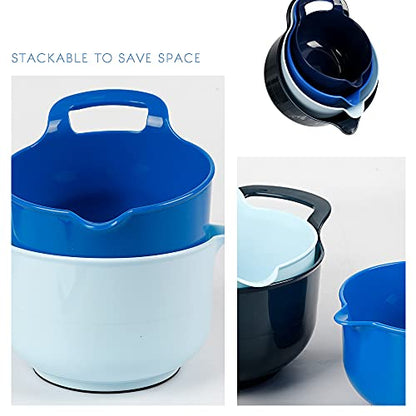 BoxedHome 4 Pack Nesting Mixing Bowls with Pour Spout and Handle, Plastic Large Mixing bowl BPA free Microwave & Dishwasher Safe(Blue, 4 Pack with Handle) - color: Blue