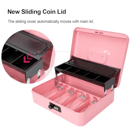 Jssmst Metal Cash Box with Money Tray and Lock, Portable Cash Drawer, 11.8" - color: Pink Code-C