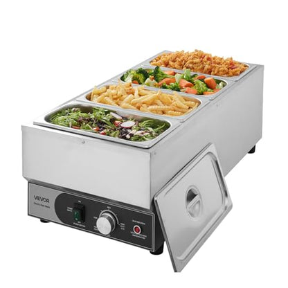 VEVOR Commercial Food Warmer, 1500W Electric Stainless Steel Steam Food Warmer, Fast Heating Countertop Buffet Bain Marie with Four 1/3 Size Food Pans, for Catering, Restaurants, Parties & Buffets - size: 29.13 x 13.98 x 10.63 in